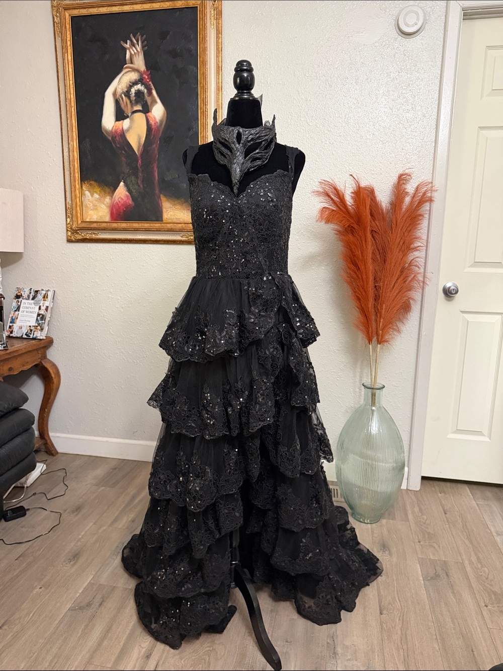 Elegant Black Tiered Sequin Prom Dress